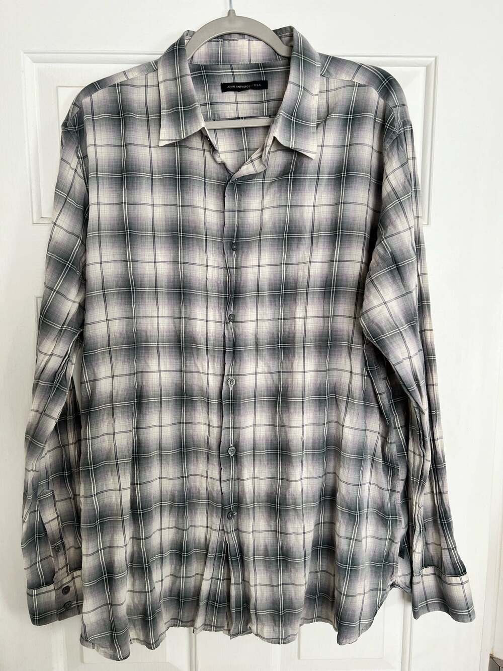 John Varvatos Shirt Roll Tab Sleeve Plaid Gray Button Up - size XL